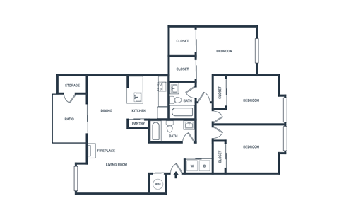 Floor plan for 3 beds, 2 baths, 1164 sqft
